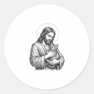 Sticker Rond Jésus vintage tenant un chat gravure graphique_1