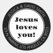 Sticker Rond Jésus vous aime! | Adresse de retour Noir & Blanc (Devant)