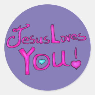 Sticker Rond Jésus vous aime rose violet avec cœur 