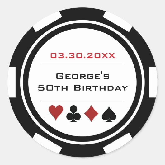 Sticker Rond Jeton de Poker Anniversaire Casino Noir Blanc (Devant)