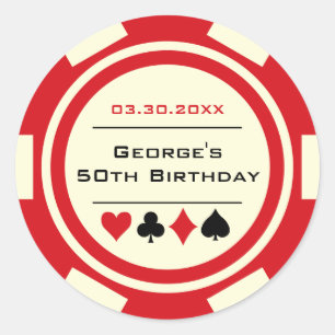 Sticker Rond Jetons de poker Fun Anniversaire Rouge Blanc cassé