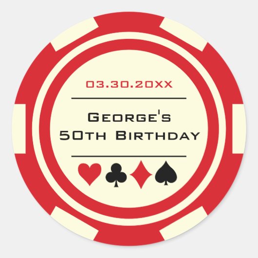 Sticker Rond Jetons de poker Fun Birthday Rouge et Blanc (Devant)