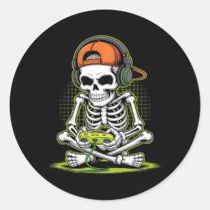 Sticker Rond Jeu amusant Squelette Halloween Squelette Gamer Vi