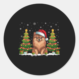 Sticker Rond Jeu de Noël Lumière Chien Poméranien Santa Hat Chr