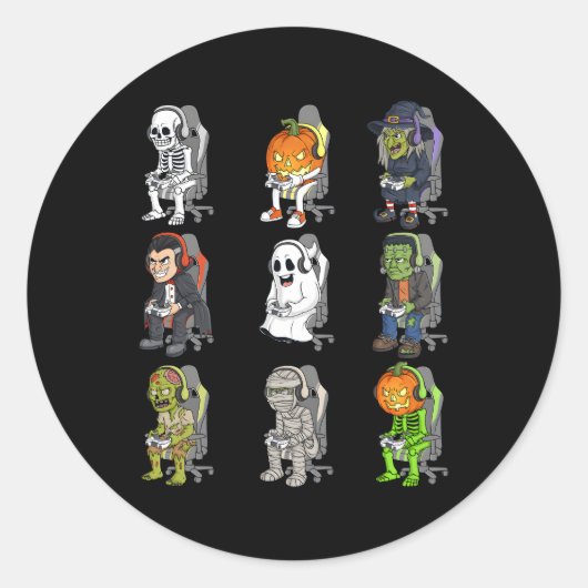 Sticker Rond Jeu Halloween Skeleton Vampire Gamer Zombie (Devant)