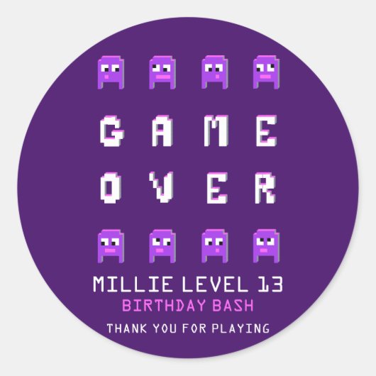Sticker Rond Jeu sur monstre violet fête d'anniversaire merci (Devant)
