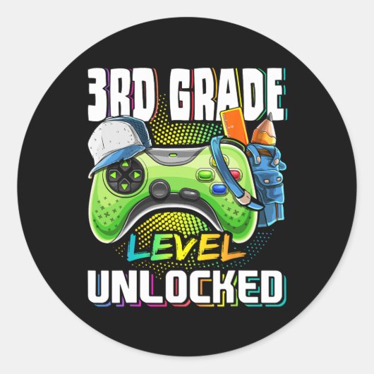 Sticker Rond Jeu vidéo déverrouillé de 3e année à l'école (Devant)