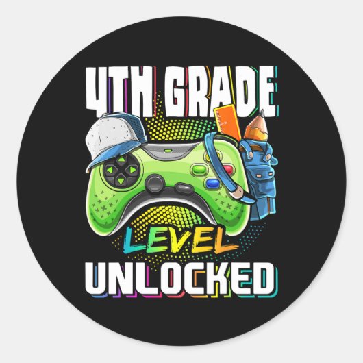 Sticker Rond Jeu vidéo déverrouillé de 4e année à l'école (Devant)