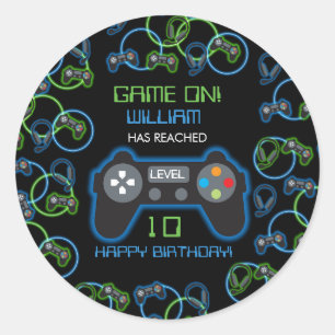 Sticker Rond Jeu vidéo Neon Blue & Green Anniversaire Party
