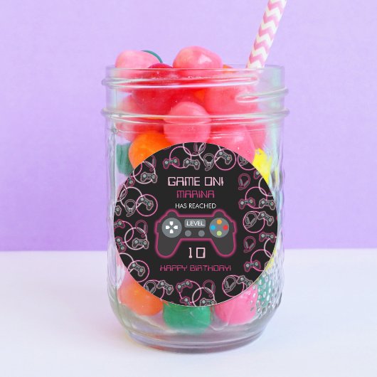 Sticker Rond Jeu vidéo Neon Rose Girls Anniversaire