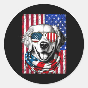 Sticker Rond Jeudi Golden Retriever Chien Drapeau Américain Usa
