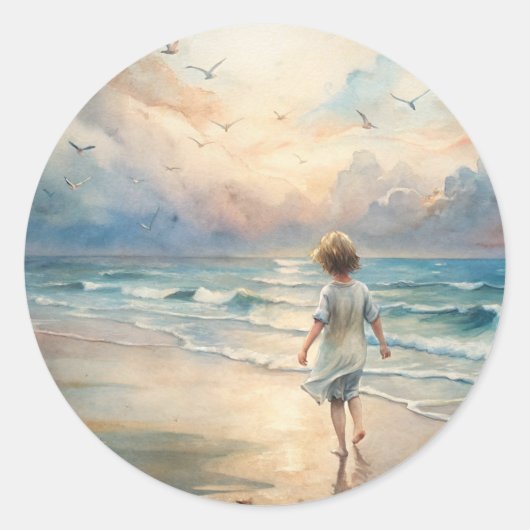 Sticker Rond Jeune fille sur la plage (Devant)