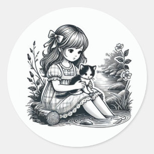 Sticker Rond Jeune fille vintage avec chaton sur ses genoux