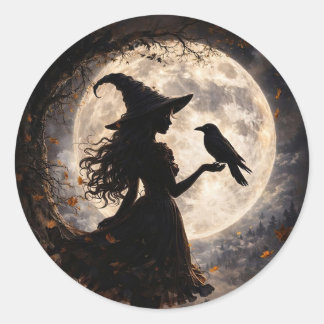 Sticker Rond Jeune petite sorcière et corbeau Halloween mignon