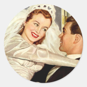 Sticker Rond Jeunes mariés de mariage vintage, heureuse mariée 
