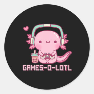 Sticker Rond Jeux vidéo Gamesolotl Axolotl Kawaii Anime Gamer