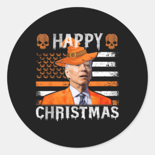 Sticker Rond Joe Biden Joyeux Halloween Joyeux Noël NOUS Drapea