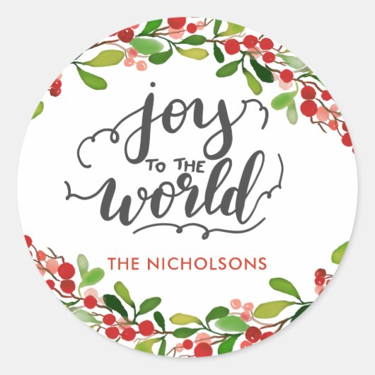 Sticker Rond Joie Au Monde | Wreath de vacances manuscrit (Devant)