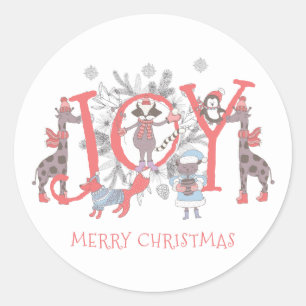 Sticker Rond Joie Noël Fête d'hiver Animaux Vacances 