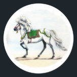 Sticker Rond Jol Christmas Islandais Horse<br><div class="desc">Tableau que j'ai fait de ma belle Mare Freydis islandaise avec un changement de couleur et un thème de vacances.</div>
