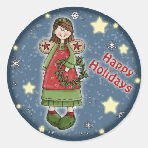 Sticker Rond Joli ange de Noël avec couronne