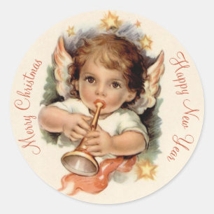 Sticker Rond Joli ange de Noël soufflant une trompette CC1030