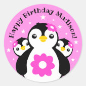 Sticker Rond Joli Anniversaire Pingouins Fleurs Roses (Devant)