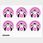 Sticker Rond Joli Anniversaire Pingouins Fleurs Roses (Feuille)