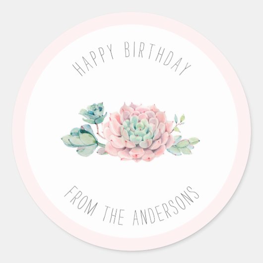 Sticker Rond Joli Anniversaire Rose Vert Succulents (Devant)