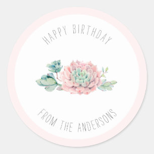 Sticker Rond Joli Anniversaire Rose Vert Succulents