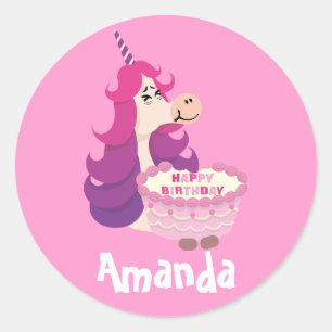 Sticker Rond Joli Anniversaire Unicorn rose violet simple
