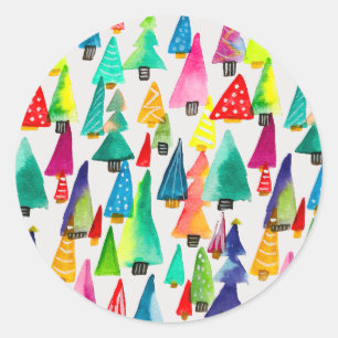 Sticker Rond Joli aquarelle arbres de Noël