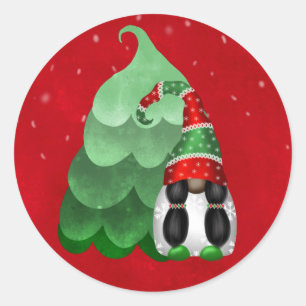 Sticker Rond Joli Arbre de Noël aux Nains Rouge Vert Blanc