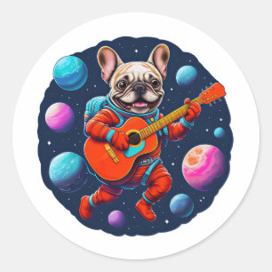 Sticker Rond Joli astronaute Bouledogue français jouant de la g