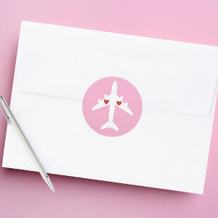 Sticker Rond Joli avion coeurs fille pilote rose personnalisé