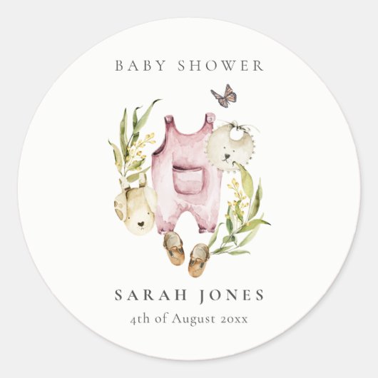Sticker Rond Joli Baby shower Feuilleté Rose Foliage Fille Vête (Devant)