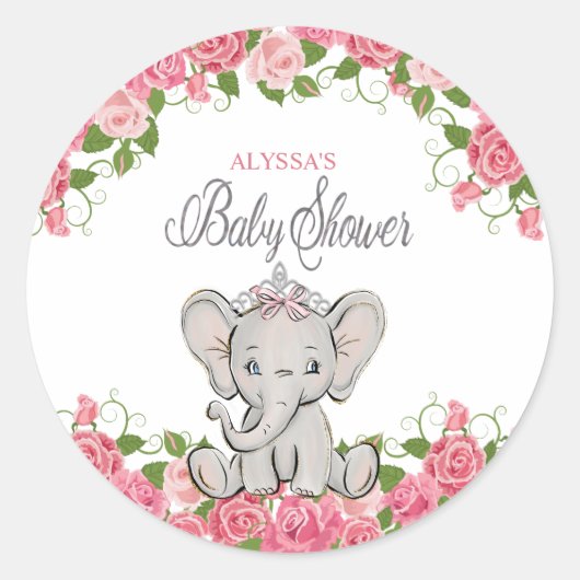 Sticker Rond Joli Baby shower Floral Princesse Elephant rose (Devant)