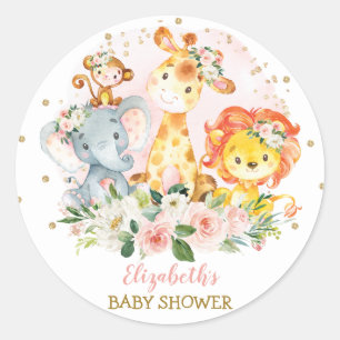 Sticker Rond Joli Baby shower Floral Rose Safari Animaux