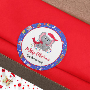 Sticker Rond Joli bébé éléphant avec joyeux Noël au zoo 