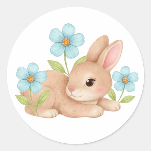 Sticker Rond Joli bébé lapin fleurs de lapin (Devant)