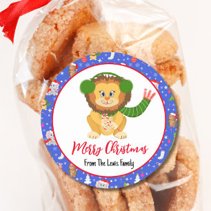 Sticker Rond Joli bébé lion avec joyeux Noël au zoo 