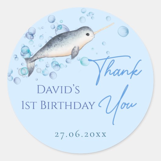Sticker Rond Joli bébé Narwhal & Blue Bubbles (Devant)