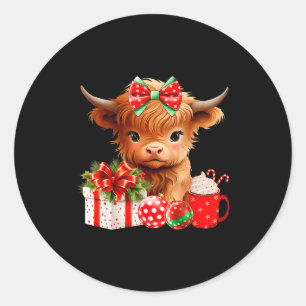 Sticker Rond Joli bébé vache des Highlands Joyeux Noël vache de