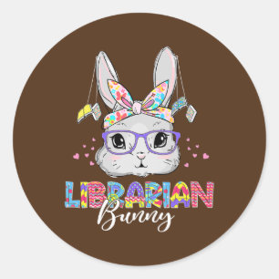 Sticker Rond Joli Bibliothécaire Bunny Lecture Livre Lover Happ