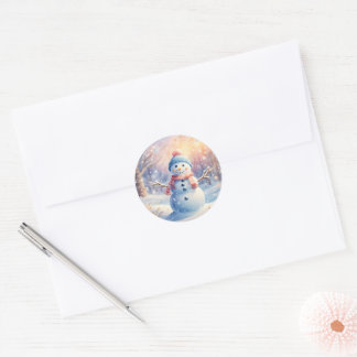 Sticker Rond Joli bonhomme de neige aquarelle dans un pays des