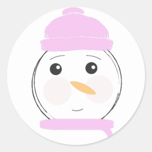 Sticker Rond Joli Bonhomme de Neige Fête de Noël Rose