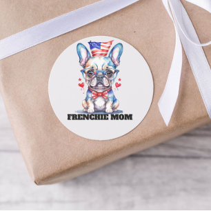 Sticker Rond Joli Bouledogue Français Drapeau Américain avec de