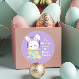 Sticker Rond Joli Bunny Pâques Violet Personnalisable Enfants
