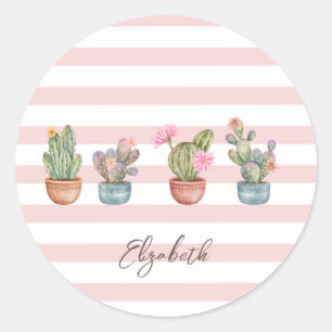 Sticker Rond Joli Cactus Motif Rayé Rose Blanc