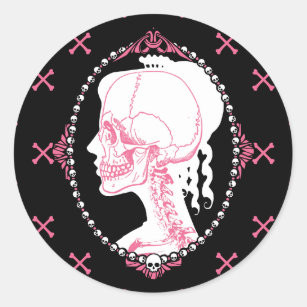 Sticker Rond Joli Cameo crâne rose